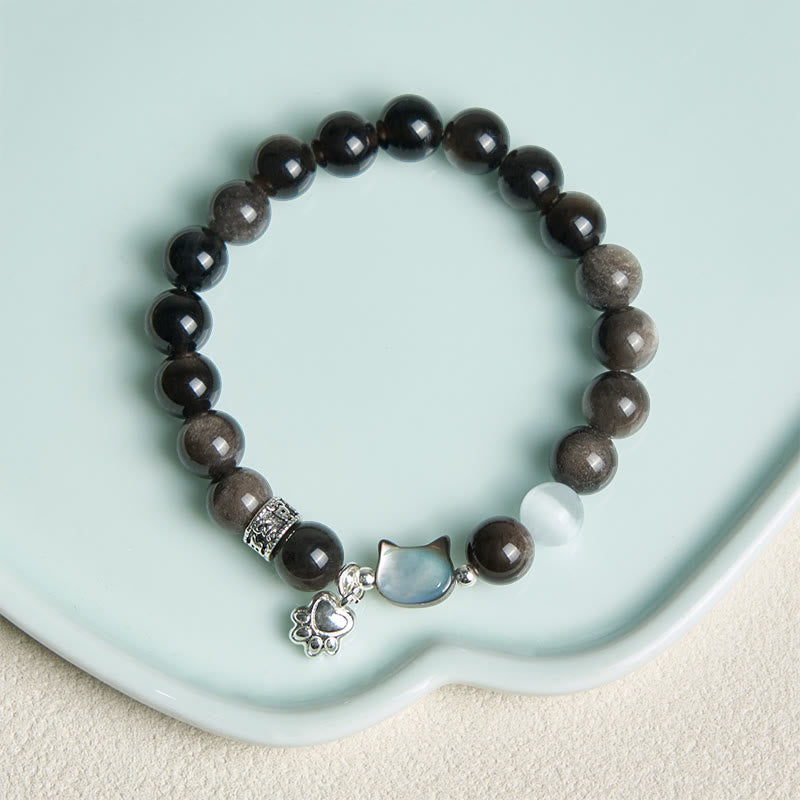 Armband Silber Obsidian Katze Positivität Schmuck Perlen Handgelenk Anhänger
