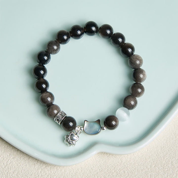 Armband Silber Obsidian Katze Positivität Schmuck Perlen Handgelenk Anhänger
