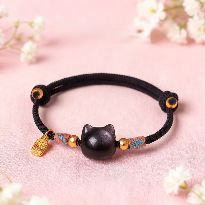 Armband Silber Obsidian Kristall Fu-Zeichen Schutz Glückskatze Handgelenk