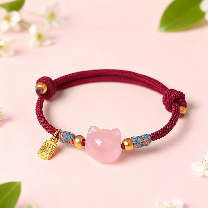 Armband Silber Obsidian Kristall Fu-Zeichen – Schutz mit rosa Katze und rotem Band