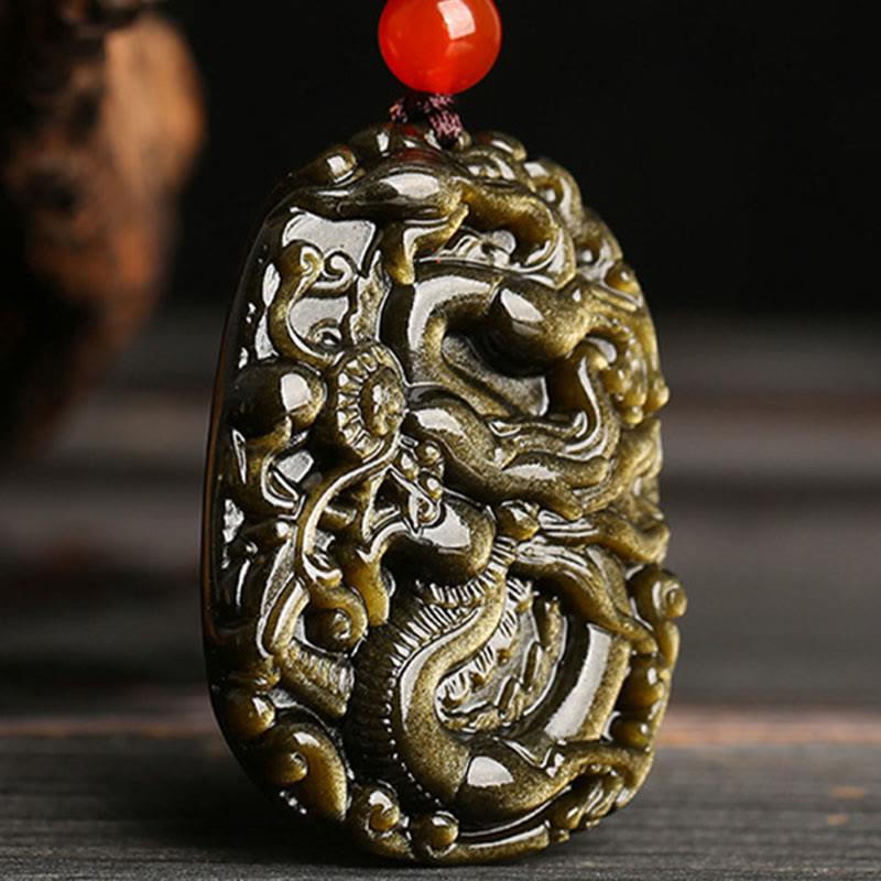 Obsidian Drachen Anhänger Kette grüner Naturstein mit Erfolg Symbol
