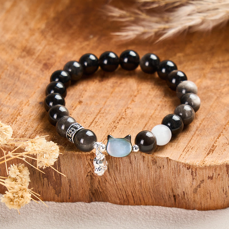 Armband Silber Obsidian Katze Positivität Perlen Holz Naturstein Glücksbringer
