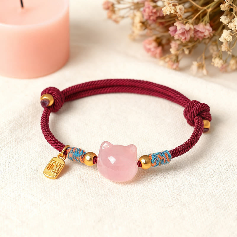 Armband Rosenquarz Katze Glücksbringer Fu-Zeichen Schutz rotes Band Handgelenk