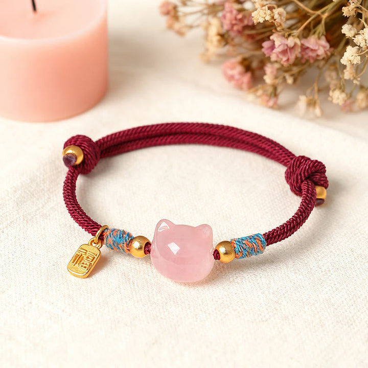 Armband Rosenquarz Katze Glücksbringer Fu-Zeichen Schutz rotes Band Handgelenk