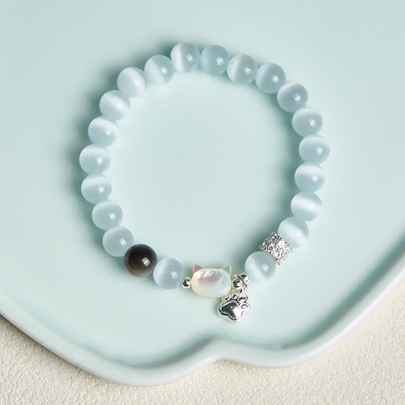 Armband Silber Obsidian Katze – Positivität mit Mondstein Perlen und Pfötchen