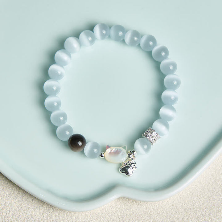 Armband Silber Obsidian Katze – Positivität mit Mondstein Perlen und Pfötchen