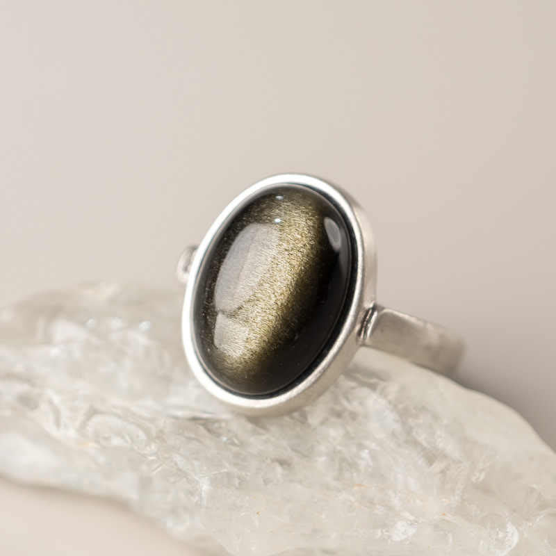 Ring 925 Silber Obsidian schwarzer Stein Wohlstand Glück Feng Shui