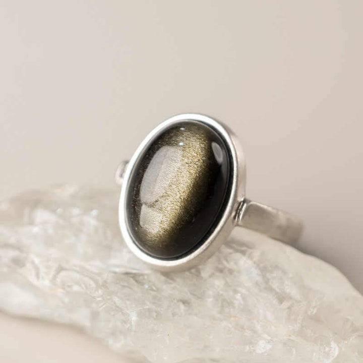 Ring 925 Silber Obsidian schwarzer Stein Wohlstand Glück Feng Shui