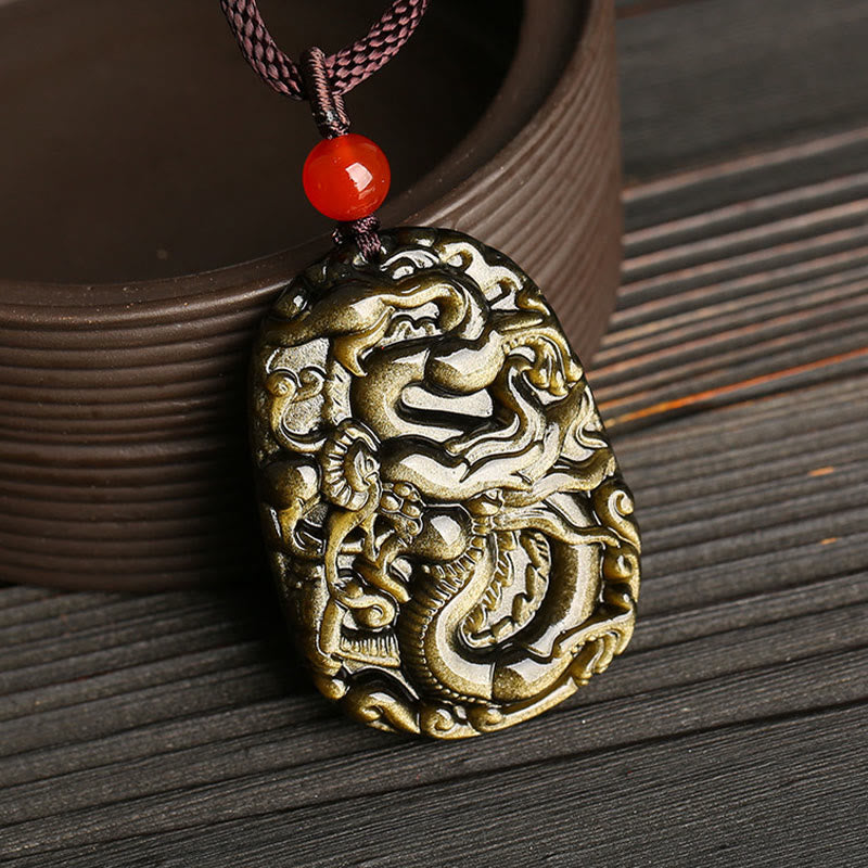 Obsidian Kette Drachen Anhänger rote Perle Erfolg Symbol
