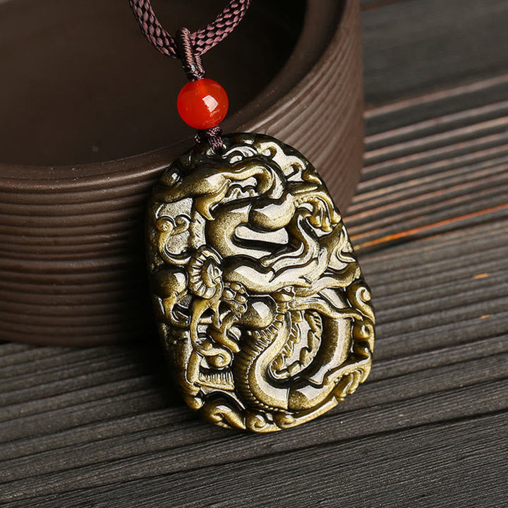 Obsidian Kette Drachen Anhänger rote Perle Erfolg Symbol