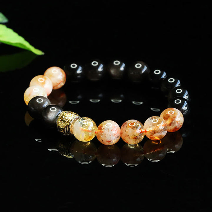 Armband Silber Obsidian Citrin Om Mani Padme Hum – Schutz auf schwarzem Hintergrund