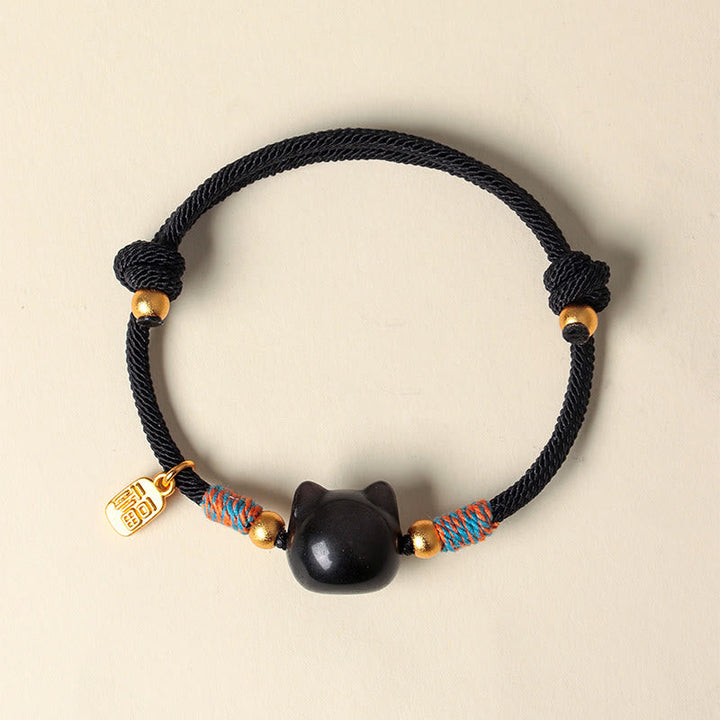 Armband Silber Obsidian Kristall Fu-Zeichen – Schutz mit Glückskatze Anhänger