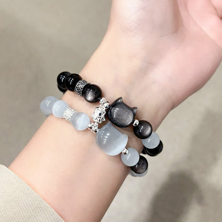 Armband Silber Obsidian Katze Positivität Mondstein Perlen Handgelenk getragen