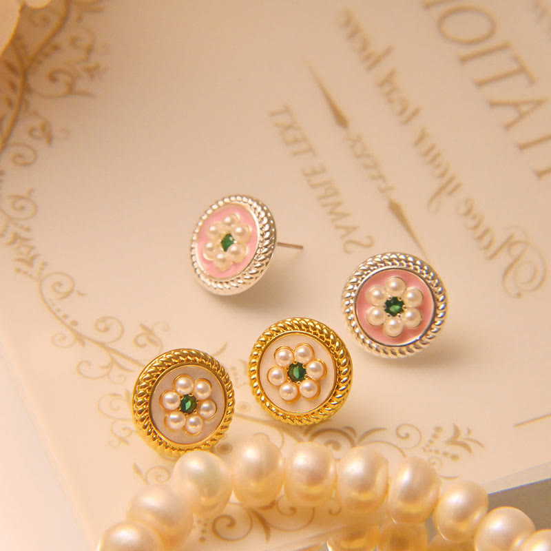Ohrringe Blume Emaille Perlen rosa weiß Vintage Boho Schmuck Ohrstecker