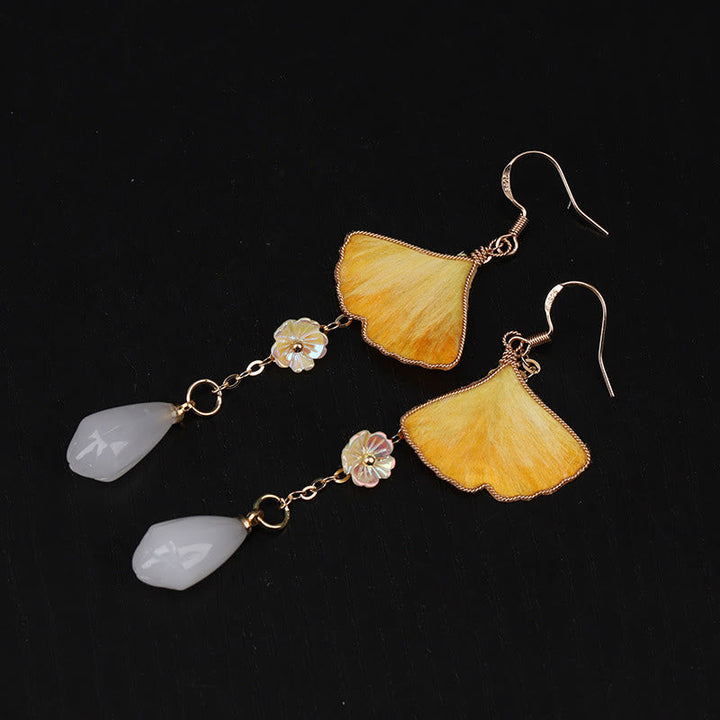 Ohrringe Ginkgo Kupfer Seide – Glück Ginkgo Leaf&White Bead(Size: About 7.5*2.8cm)