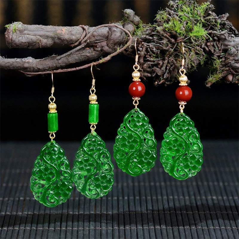 Ohrringe Jade Achat Tropfen grün geschnitzt Boho Schmuck spirituell Ohrhänger