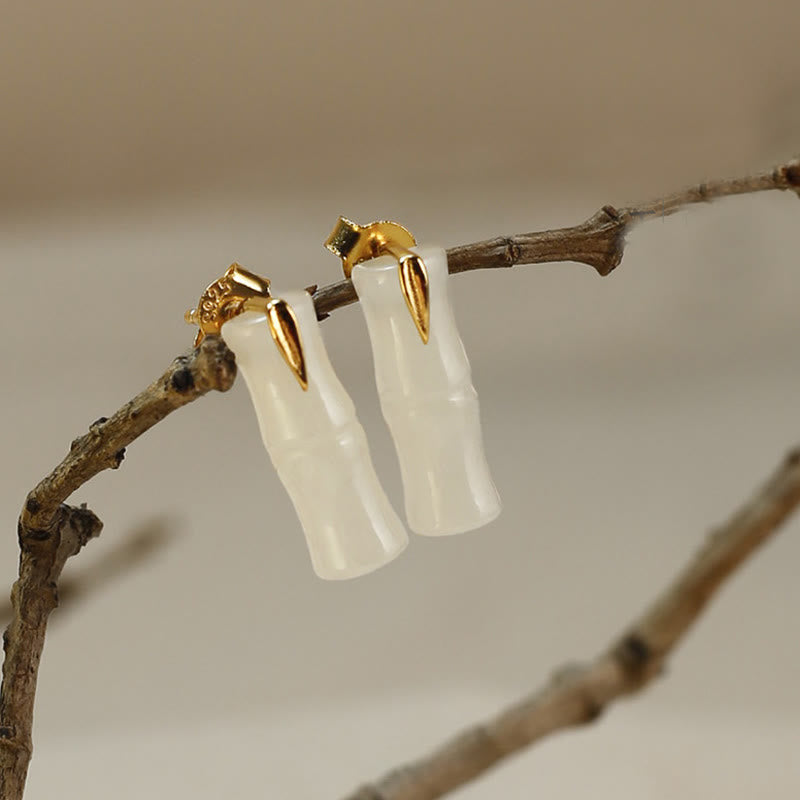Ohrringe Jade Bambus – Glück & Wohlstand Hetian Jade Polished(925 Sterling Silver Posts)
