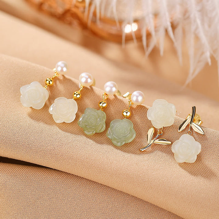 Ohrringe Jade Perle Blume Glück Boho Schmuck spirituell Ohrhänger