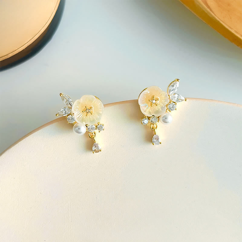 Ohrringe Kupfer Weiße Rose Zirkonia Earrings(925 Sterling Silver Posts)