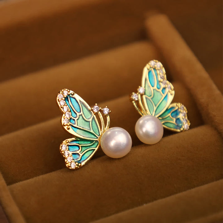 Ohrringe Perle Schmetterling Silber Vergoldet White Pearl(925 Sterling Silver Posts)