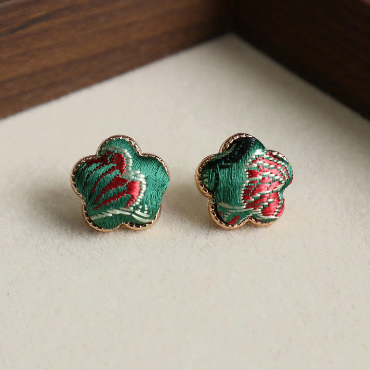 Ohrringe Songbrocade Blume – Balance bestickt grün rot Blumenform Boho Schmuck