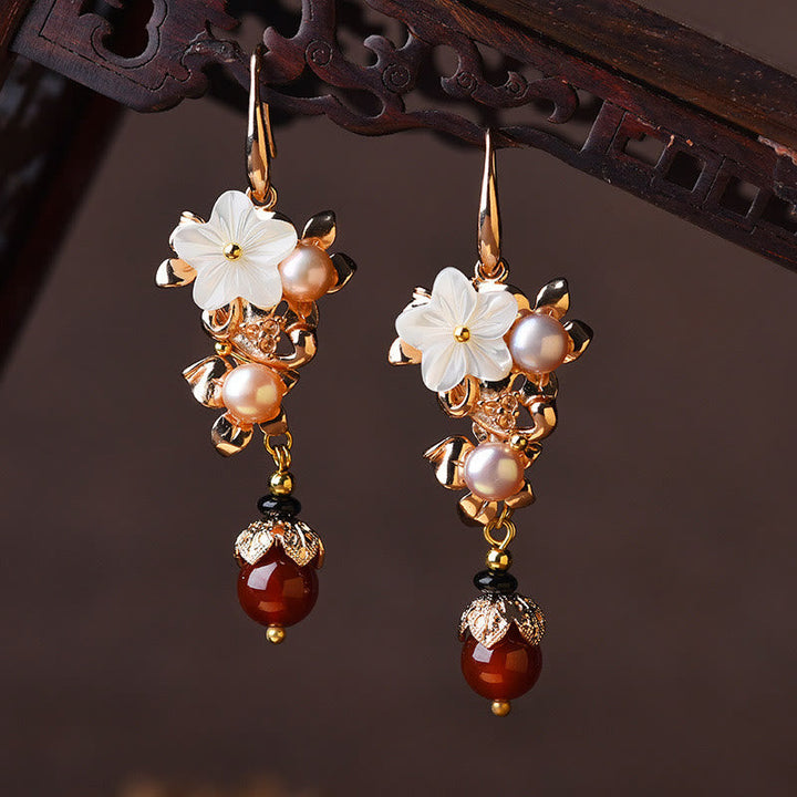 Ohrringe Tridacna Perle Blume White Tridacna Stone Flower Pearl Red Bead