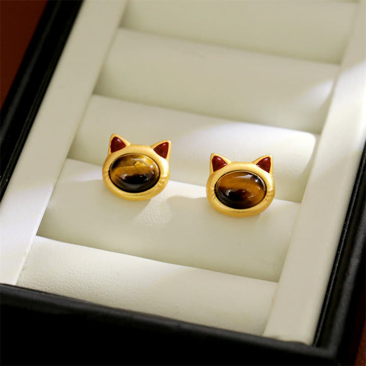 Ohrringe Türkis Tigerauge Katze – Schutz Tiger Eye(925 Sterling Silver Posts)