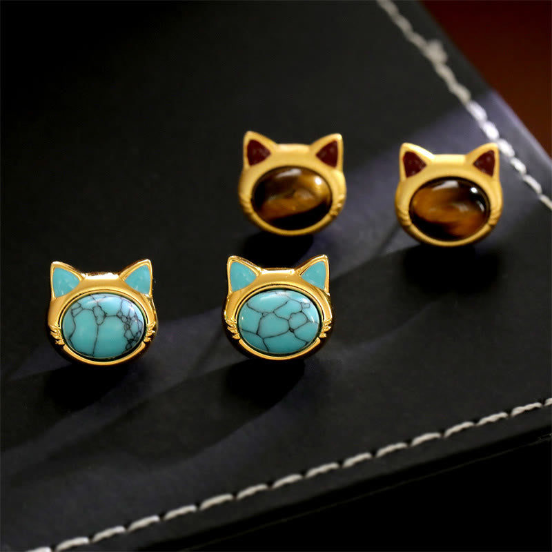 Ohrringe Türkis Tigerauge Katze – Schutz goldene Ohrstecker Boho Schmuck