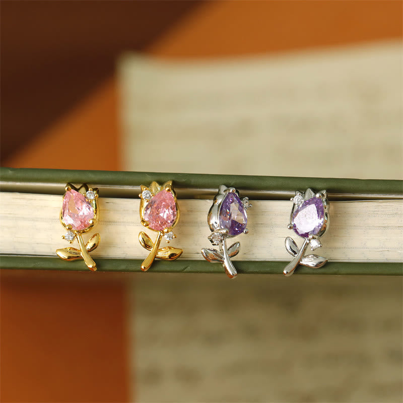 Ohrringe Tulpe Zirkonia Kupfer rosa lila Blumen Ohrstecker Schmuck