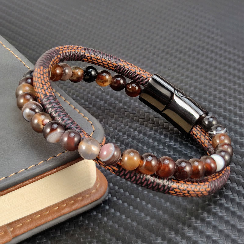Armband Onyx – Erfolg mit braunen Achat Perlen und Leder Magnetverschluss