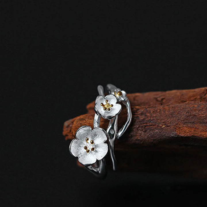 Ring 925 Silber Pflaumenblüte Balance mit Gold Emaille Details