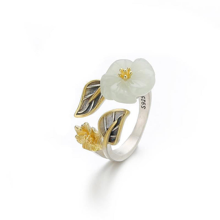 Weiße Jade Ring Pflaumenblüte mit Glück Fengshui Fingerring Silber