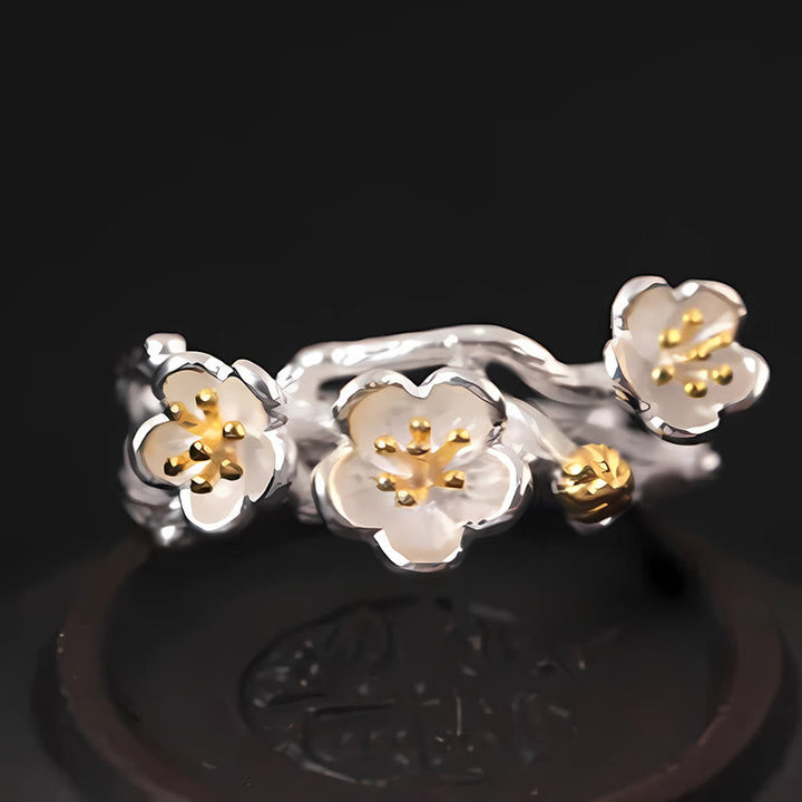 Ring 925 Silber Pflaumenblüte Ruhe goldene Blütendetails eleganter Schmuck