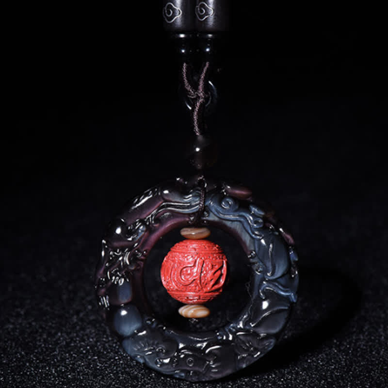 Schwarze Obsidian Pixiu Kette mit rotem Zinnober Anhänger Heilung