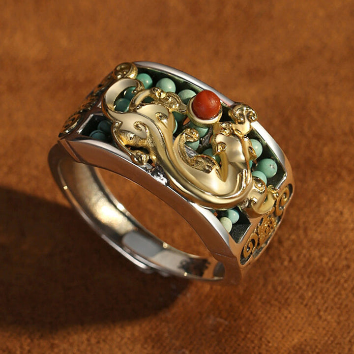 Pixiu Ring 925 Silber mit Türkis Roter Achat Schutz