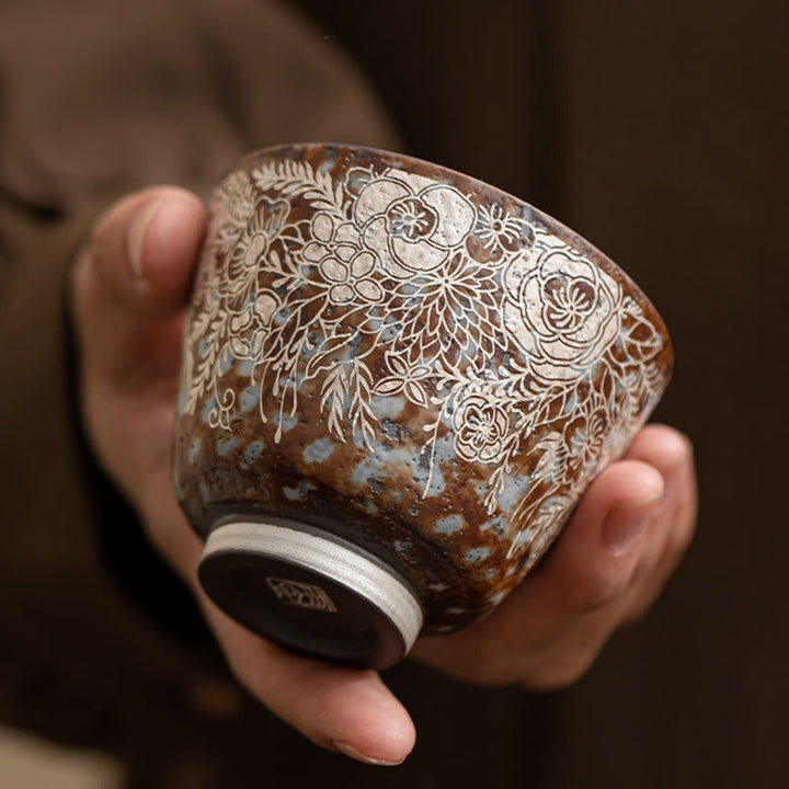 Porzellan Teetasse Braune Blüten Vintage Gaiwan