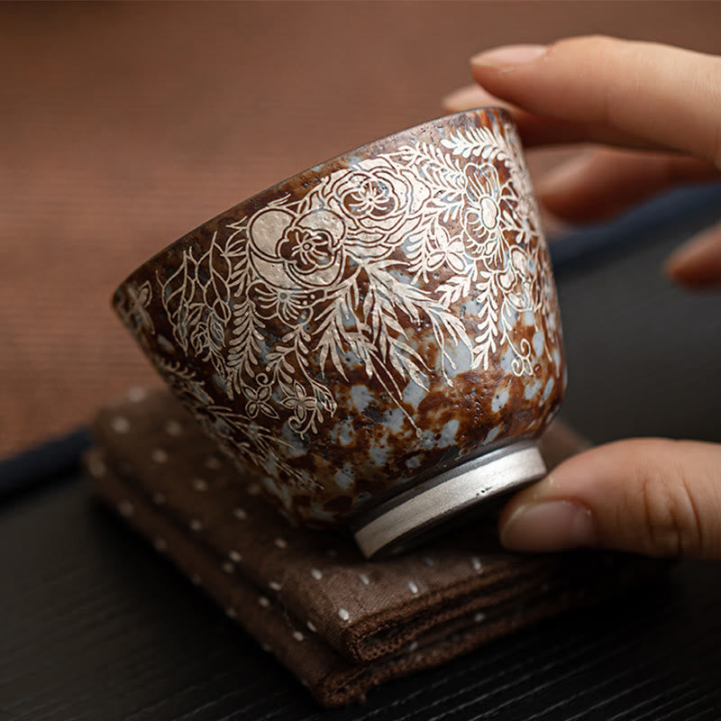 Porzellan Teetasse Braune Blüten Vintage Keramik