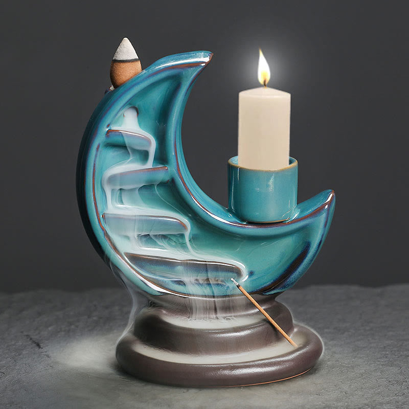 Räucherkegel Wasserfall Mond Keramik Blau Statue