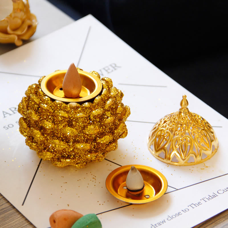 Räucherstäbchen Halter Gold Tannenzapfen Mini Statue