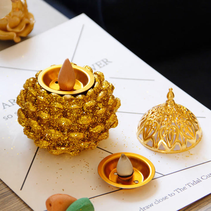Räucherstäbchen Halter Gold Tannenzapfen Mini Statue