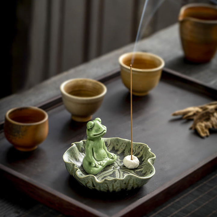 Räucherstäbchenhalter Frosch Blatt Keramik Meditation Deko
