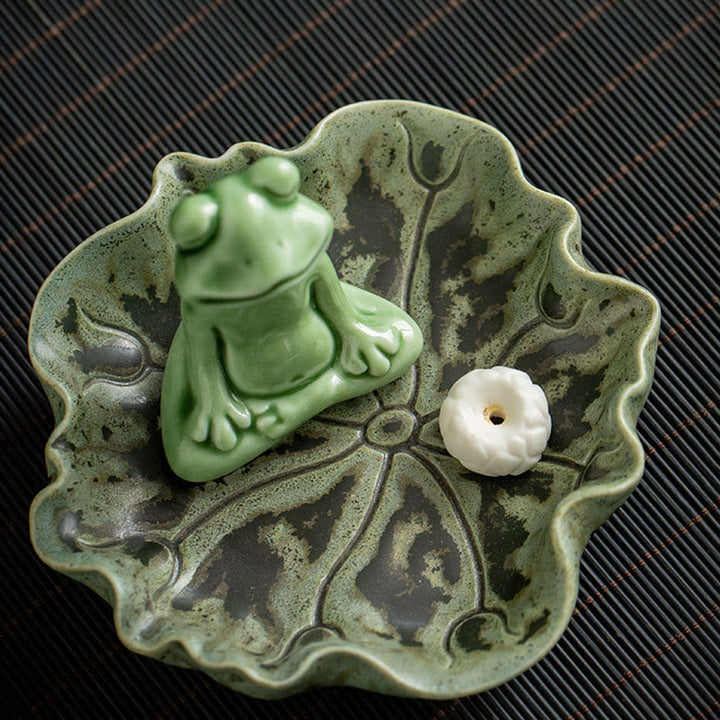 Räucherstäbchenhalter Frosch Blatt Keramik Meditation Glücksbringer