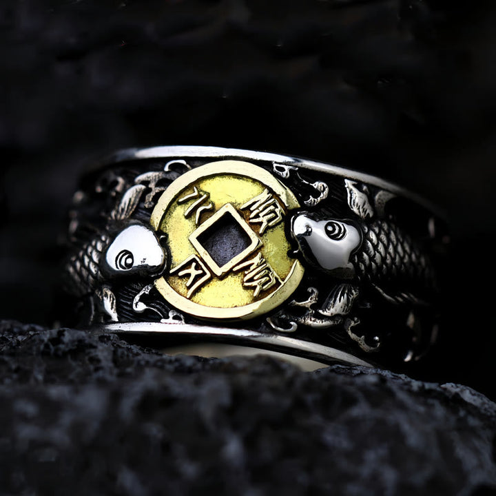 Ring 925 Silber Koi Fisch Kupfermünze – Glück & Wohlstand