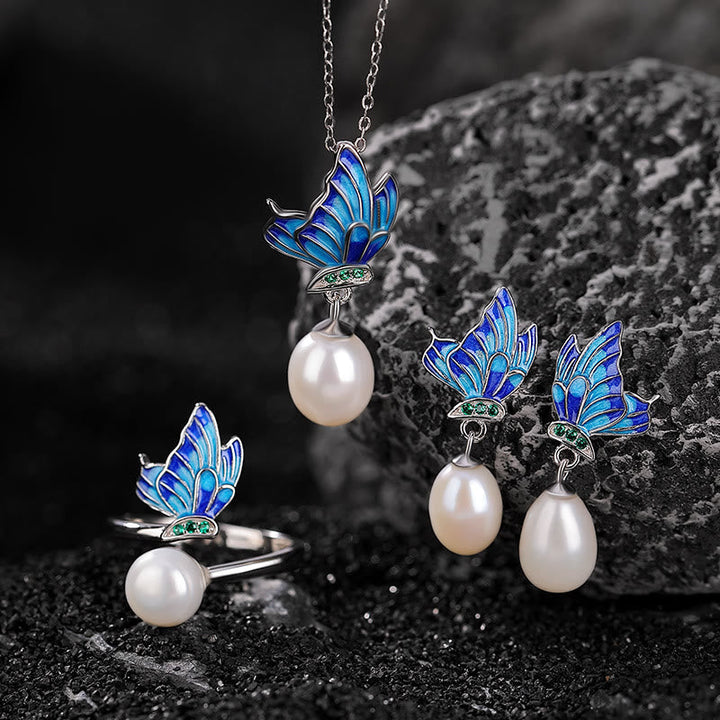 Ring 925 Silber Perle Schmetterling – Heilung 3Pcs(Necklace Earrings&Ring)