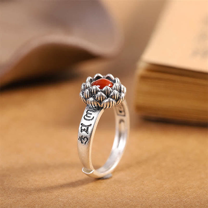 Ring 925 Silber Roter Achat Lotus Mut Segen Buddha Gravur