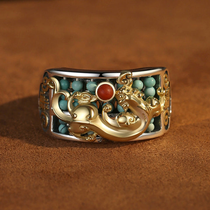 Ring 925 Silber Türkis Roter Achat Pixiu – Schutz