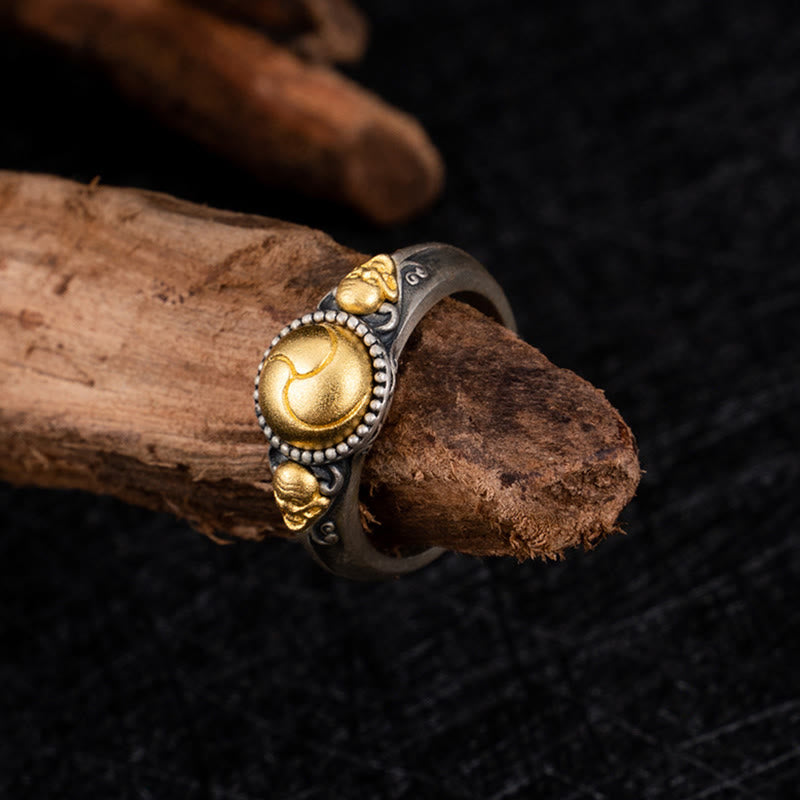 Ring 925 Silber Vergoldet Skelett Balance Harmonie Yin Yang Motiv