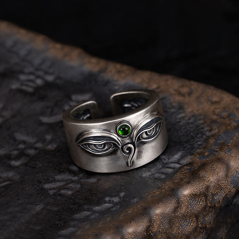 Ring 925 Silber Tara Ruhe mit mystischen Augen Motiv grüner Stein