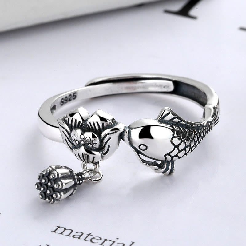 925 Silber Ring mit Koi Fisch und Lotus Design Erfolg