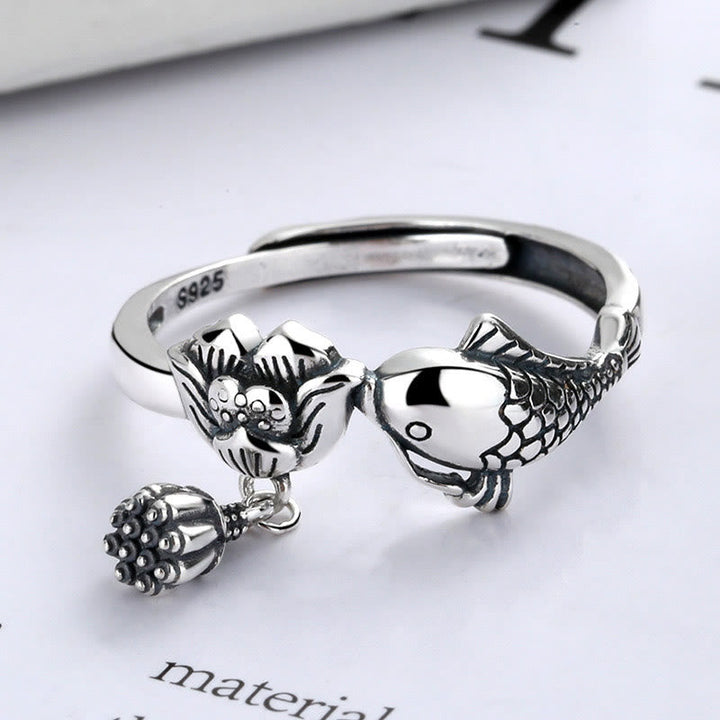 925 Silber Ring mit Koi Fisch und Lotus Design Erfolg